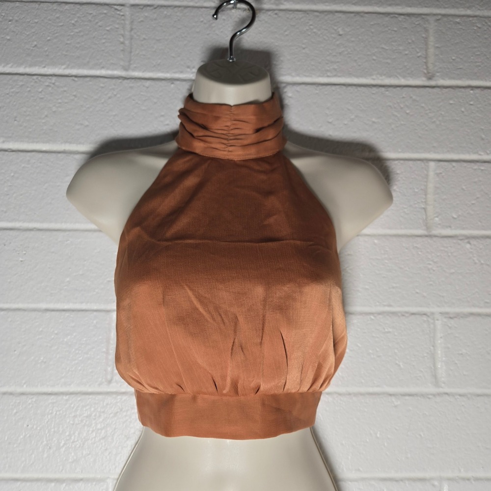 Princess Polly Halter Crop Top 4 Rust Satin Tie Back Mock Neck Boho Going Out